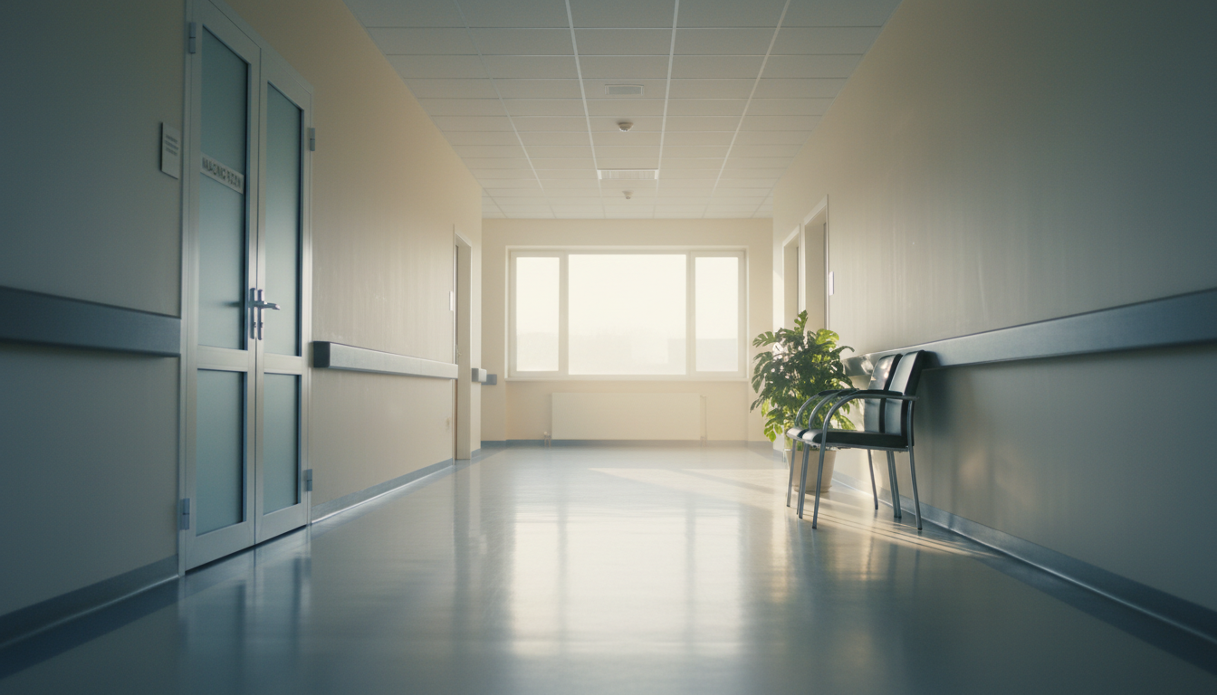 Couloir d'hôpital lumineux devant une salle d'imagerie, un fauteuil roulant vide
